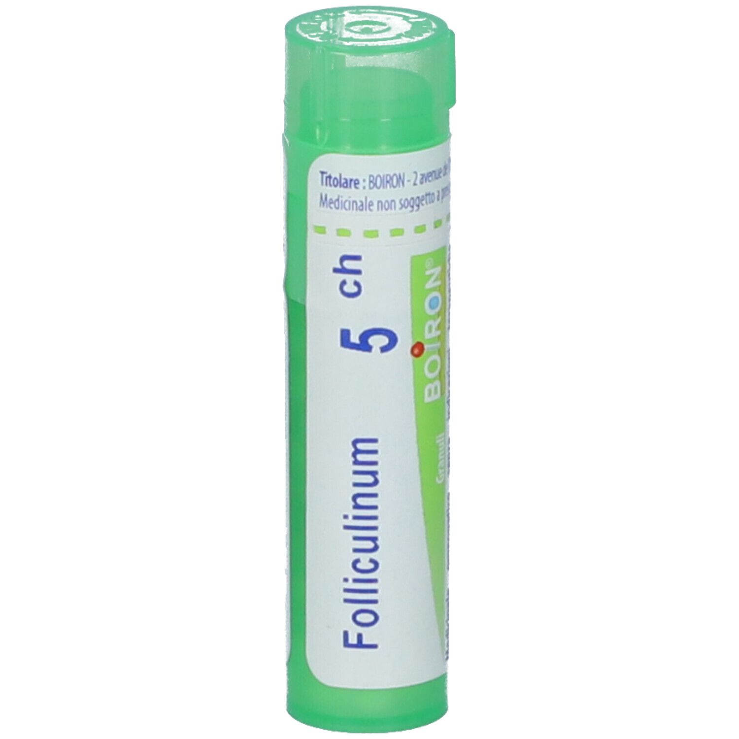 Confezione cilindrica verde. Scritta: Folliculinum 5 ch, BOIRON. Tappo verde. Etichetta con informazioni prodotto.