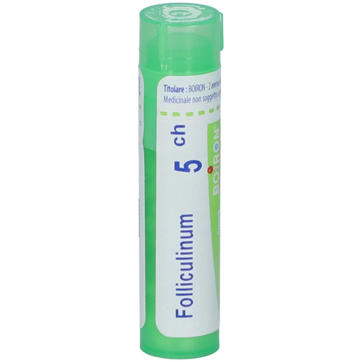 Confezione cilindrica verde. Scritta: Folliculinum 5 ch, BOIRON. Tappo verde. Etichetta con informazioni prodotto.