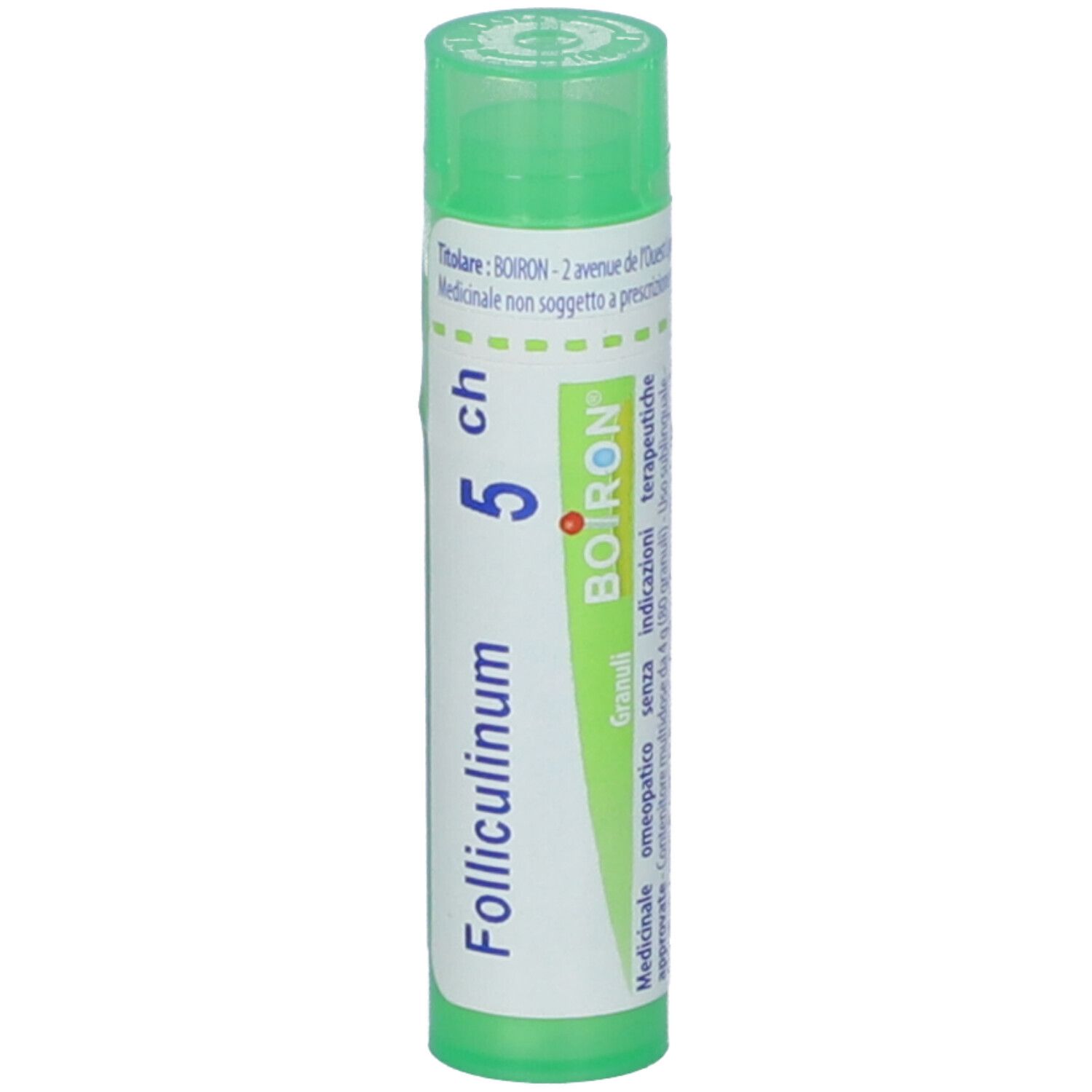Confezione cilindrica verde. Scritta: Folliculinum 5 ch, BOIRON. Tappo verde. Etichetta con informazioni prodotto.