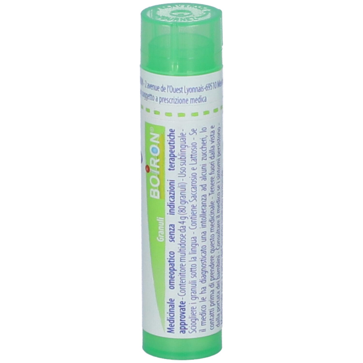 Confezione cilindrica verde. Scritta: BOIRON, Granuli. Etichetta con informazioni sul prodotto. Tappo verde.