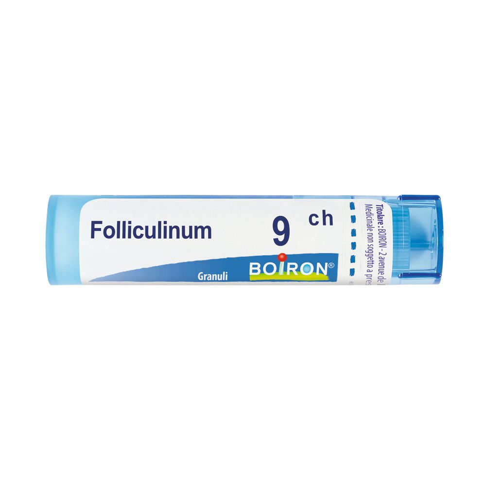 Tubo blu e bianco con 'Folliculinum 9 ch Granuli' e logo BOIRON. Prodotto medico.