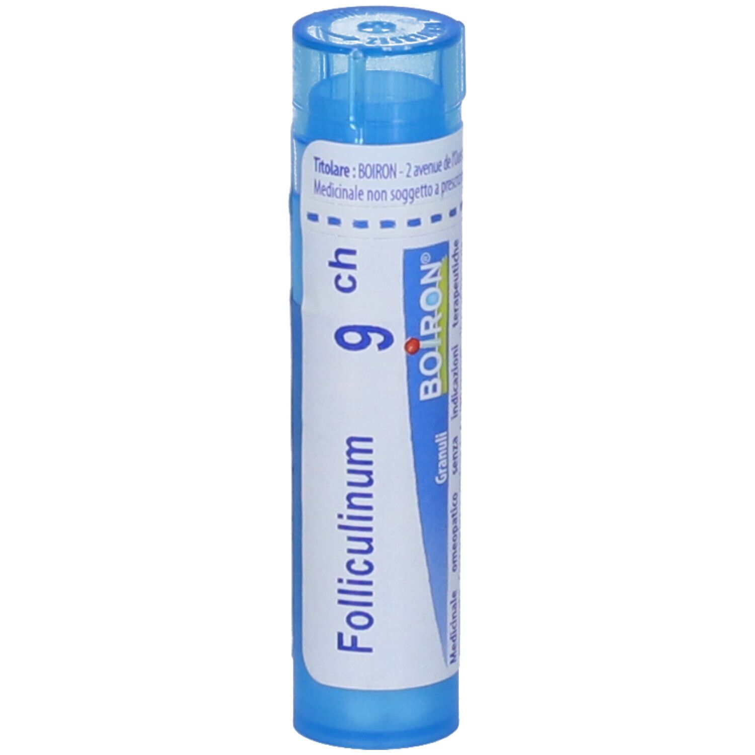 Tubo blu con 'Folliculinum 9 ch' e logo BOIRON. Prodotto medico.