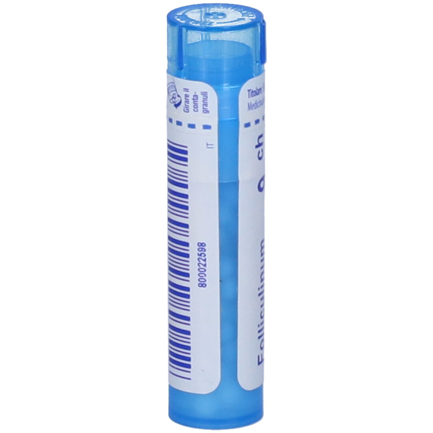 Tubo blu con 'Folliculinum 9 ch'. Stampa con codice a barre e informazioni.