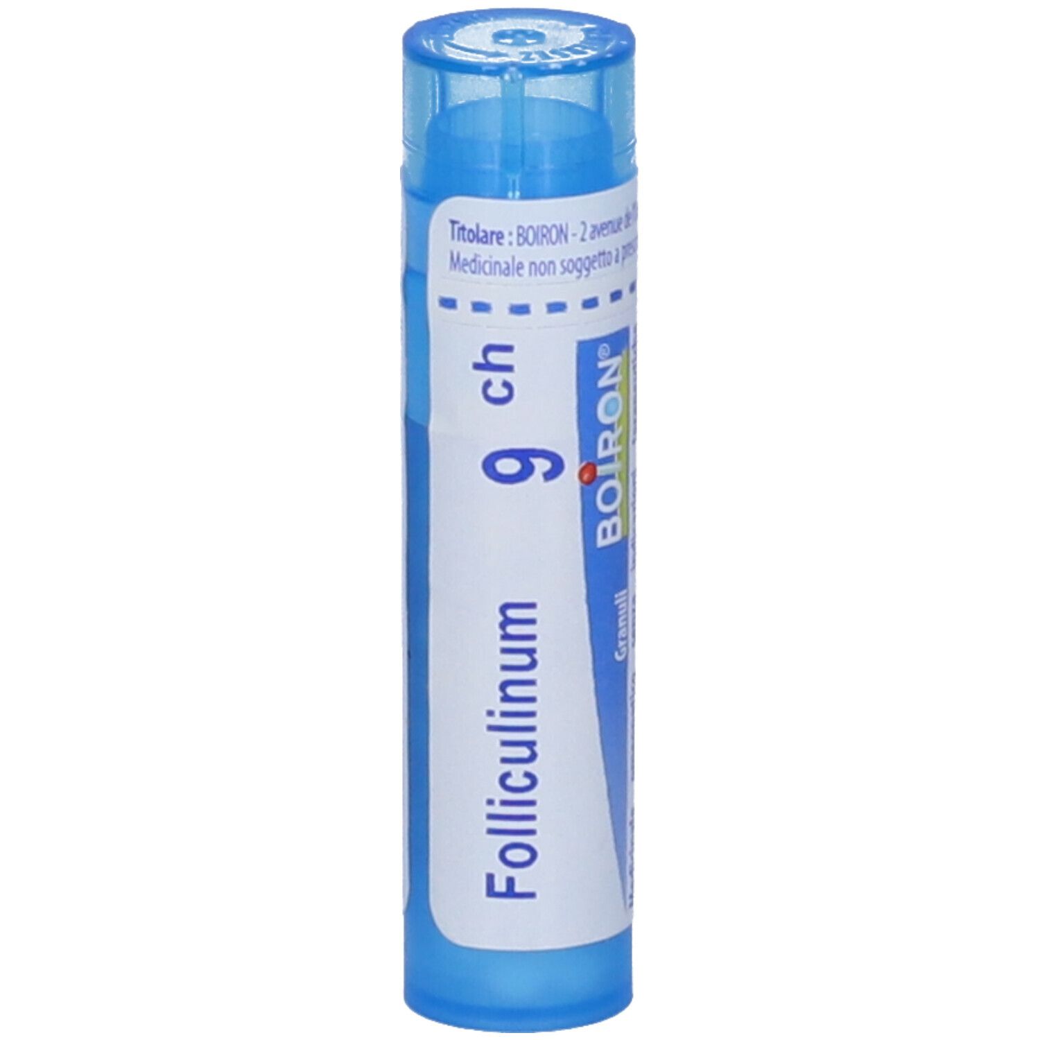 Tubo blu con 'Folliculinum 9 ch' e logo BOIRON. Prodotto medico.
