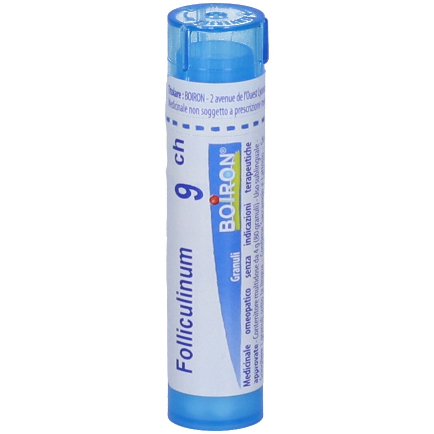 Tubo blu con 'Folliculinum 9 ch' e logo BOIRON. Prodotto medico.