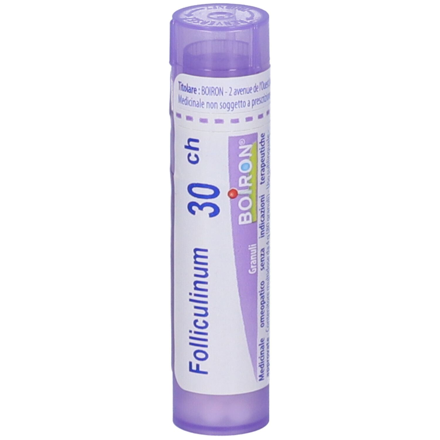 Flacone cilindrico viola. Scritta: Folliculinum 30 ch, BOIRON. Etichetta con informazioni sul prodotto.