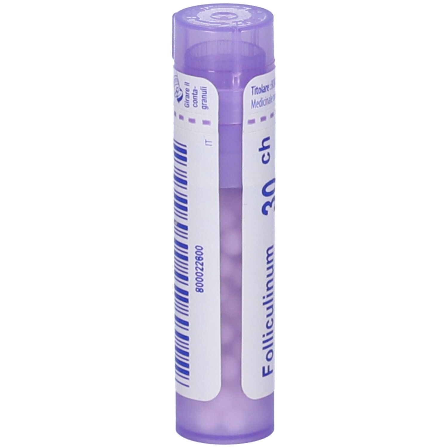 Flacone viola con etichetta bianca. Scritta: Folliculinum 30 ch. Etichetta con codice a barre e informazioni.