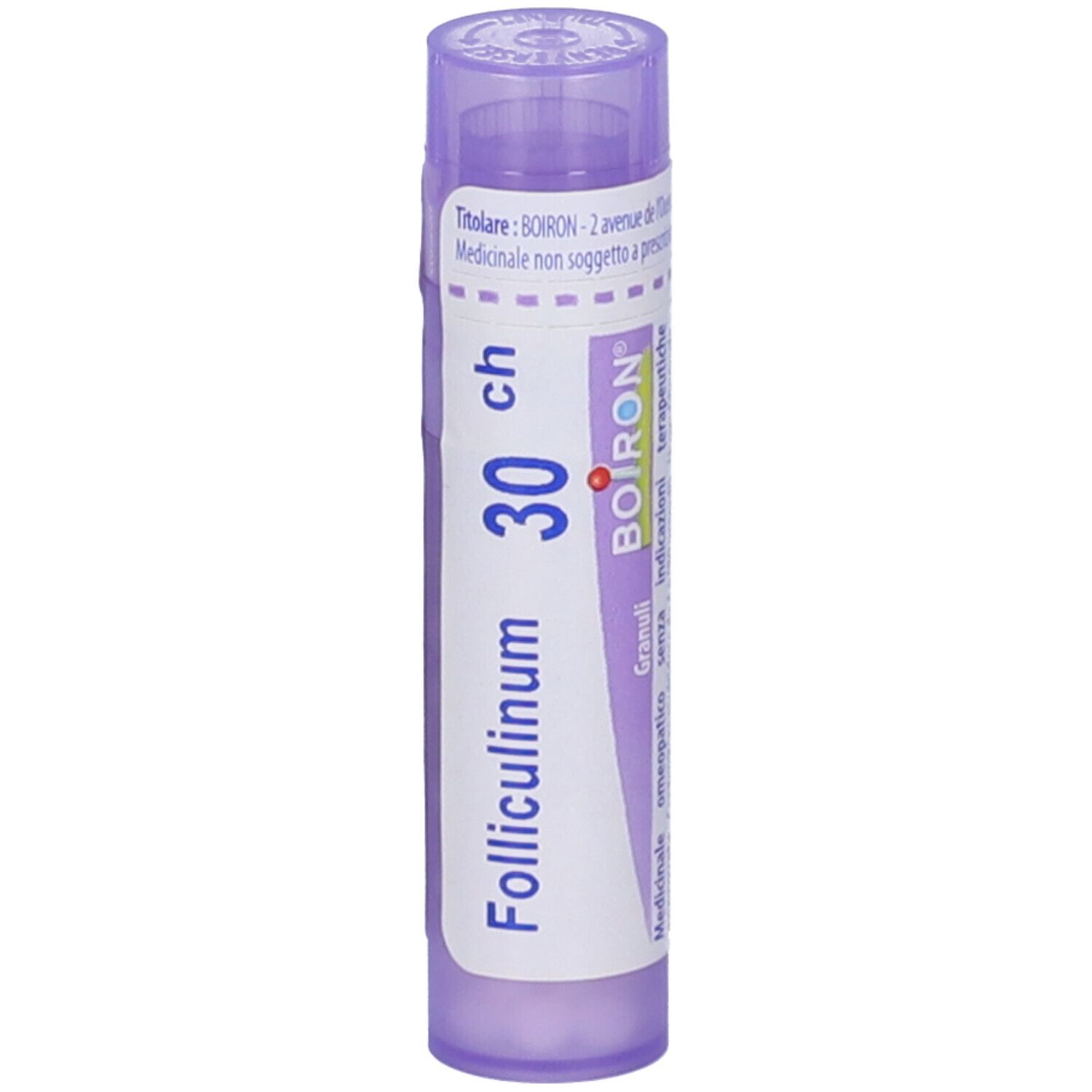 Flacone cilindrico viola. Scritta: Folliculinum 30 ch, BOIRON. Informazioni sul prodotto sull'etichetta.