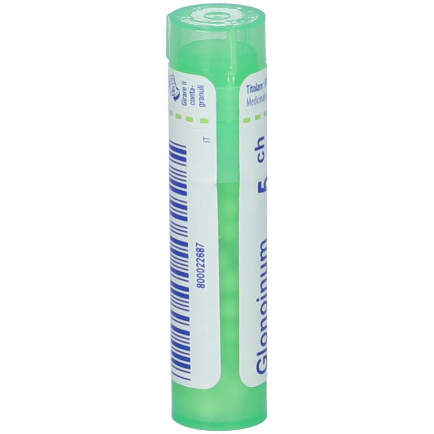 Confezione cilindrica verde. Scritta: Glonoinum 5 ch. Etichetta con codice a barre e informazioni.