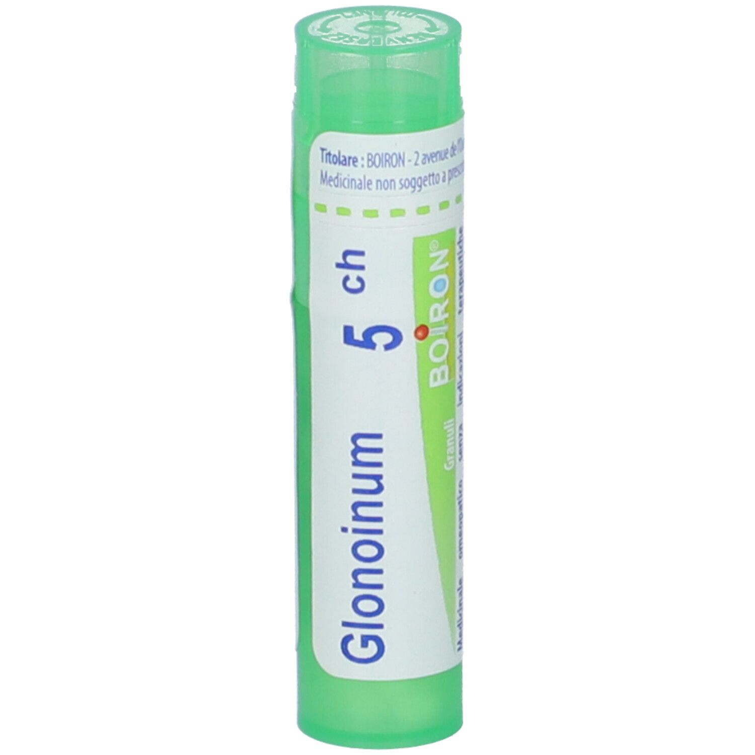 Confezione cilindrica verde. Scritta: Glonoinum 5 ch, Granuli, BOIRON.