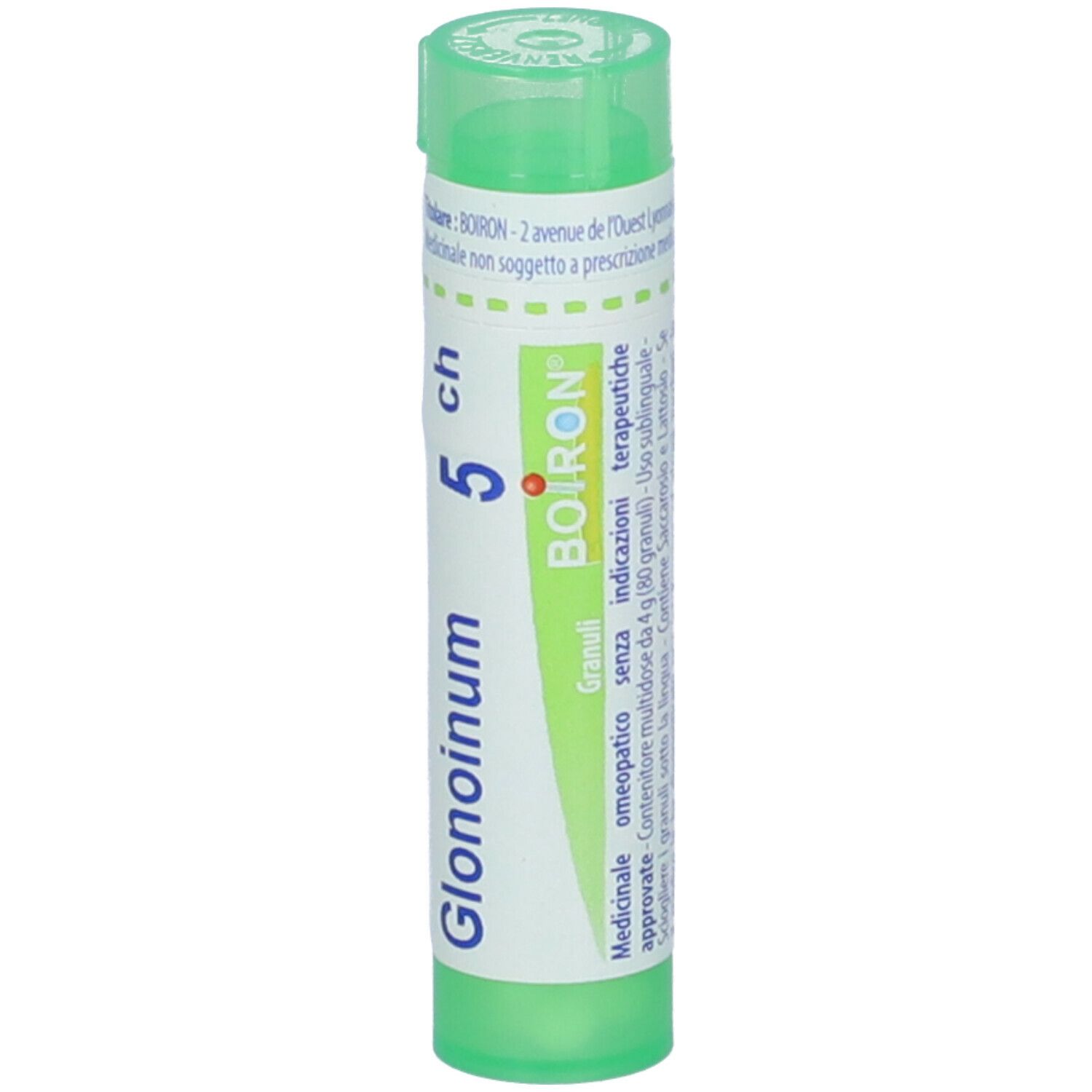 Confezione cilindrica verde. Scritta: Glonoinum 5 ch, Granuli, BOIRON. Etichetta con informazioni.