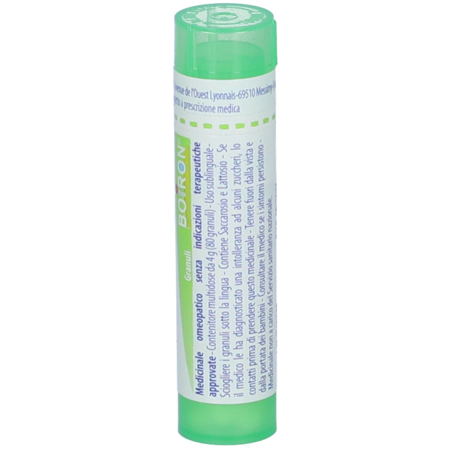 Confezione cilindrica verde. Scritta: Glonoinum 5 ch, BOIRON. Etichetta con informazioni.