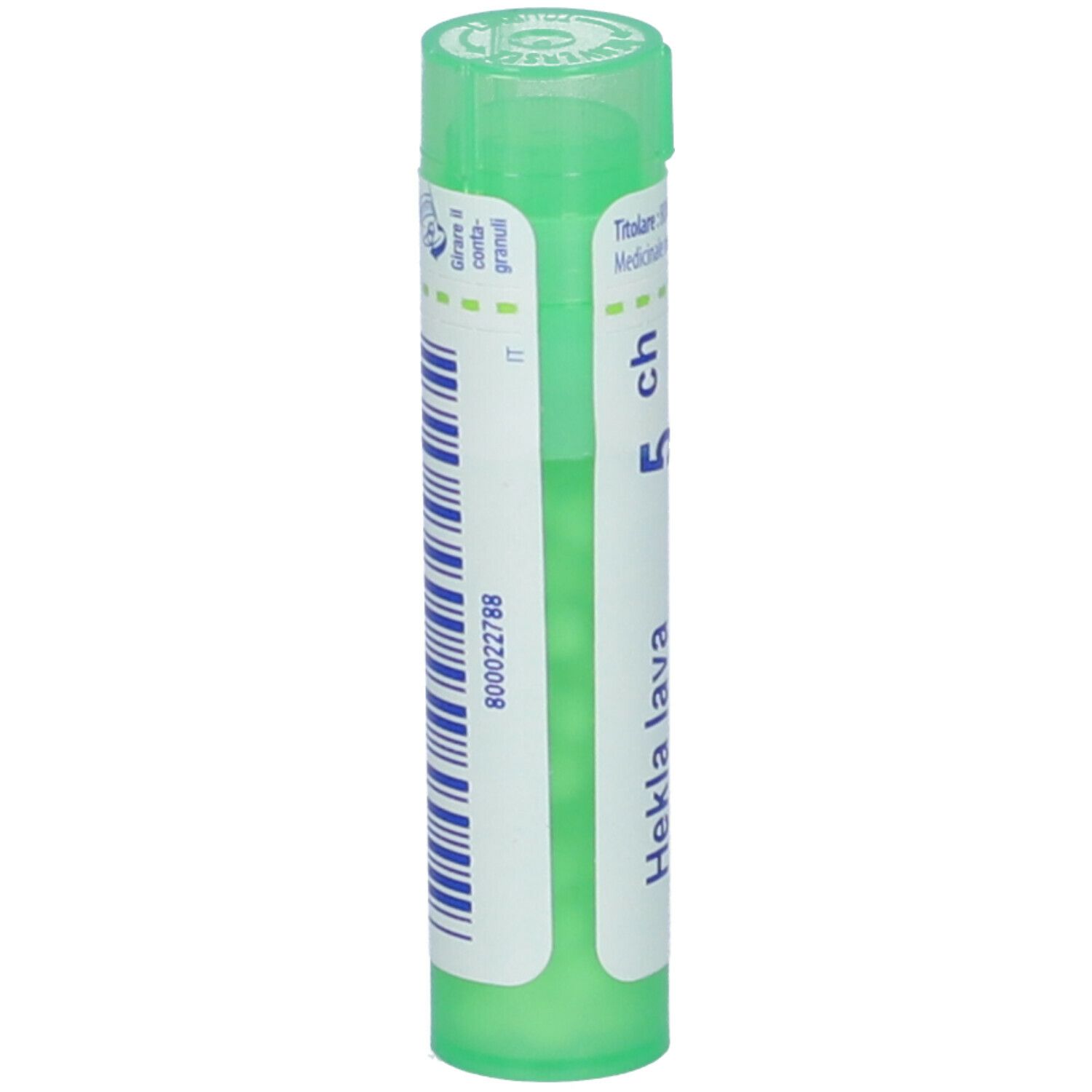 Confezione cilindrica verde. Scritta: Hekla lava, 5 ch. Con codice a barre e tappo verde.