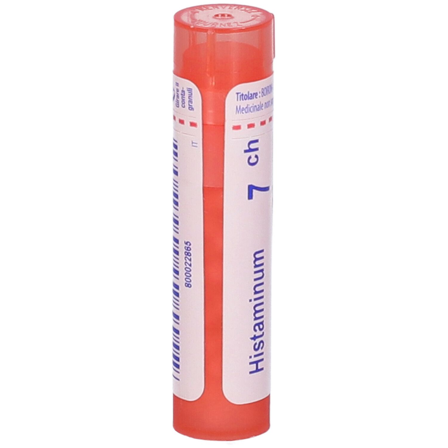 Confezione cilindrica, tappo rosa, etichetta bianca con testo e codice a barre. Scritta: Histaminum 7 ch.