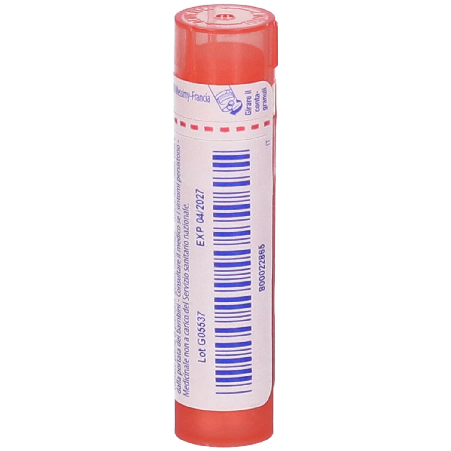 Confezione cilindrica, tappo rosa, etichetta bianca con testo e codice a barre. Scritta: EXP 04/2027.