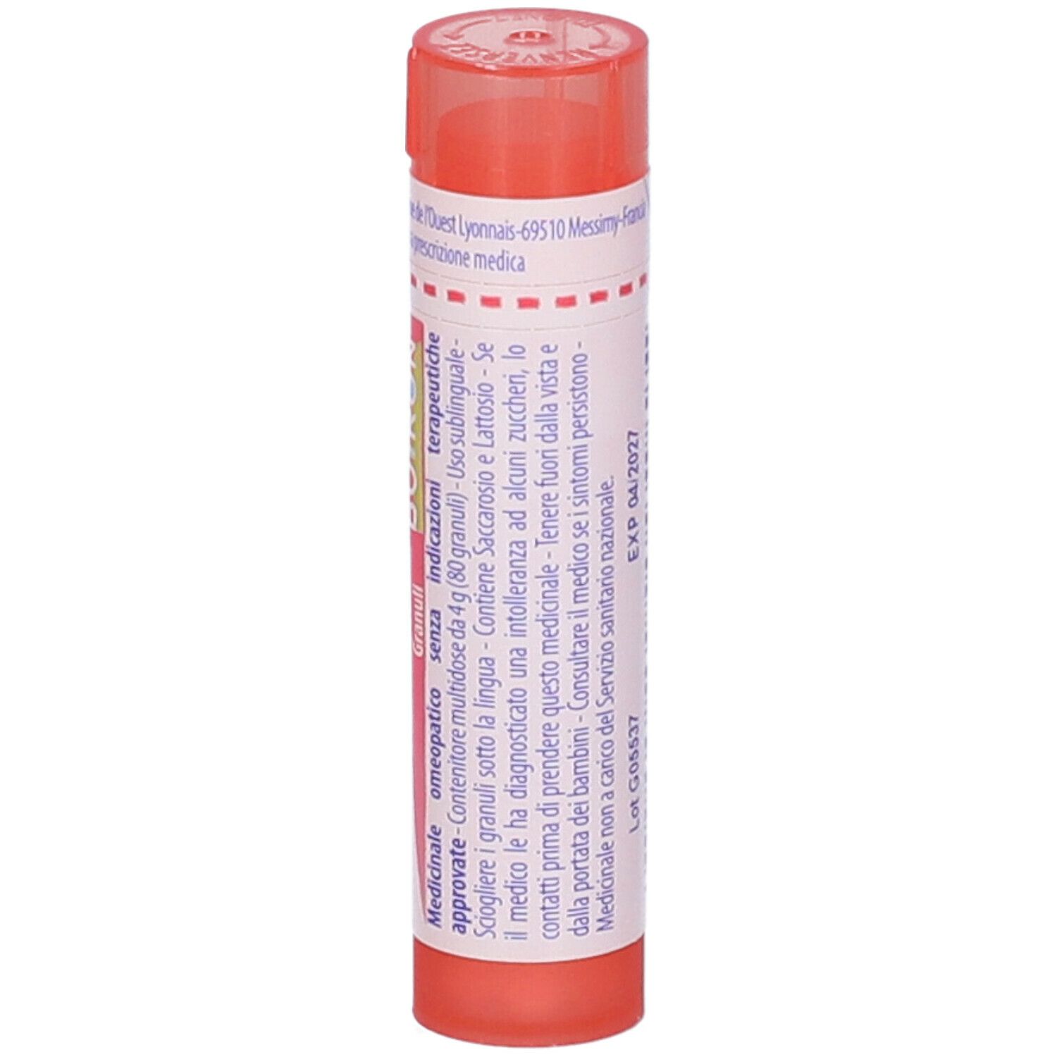 Confezione cilindrica, tappo rosa, etichetta bianca con testo. Scritta: Histaminum 7 ch, Granuli, Boiron.