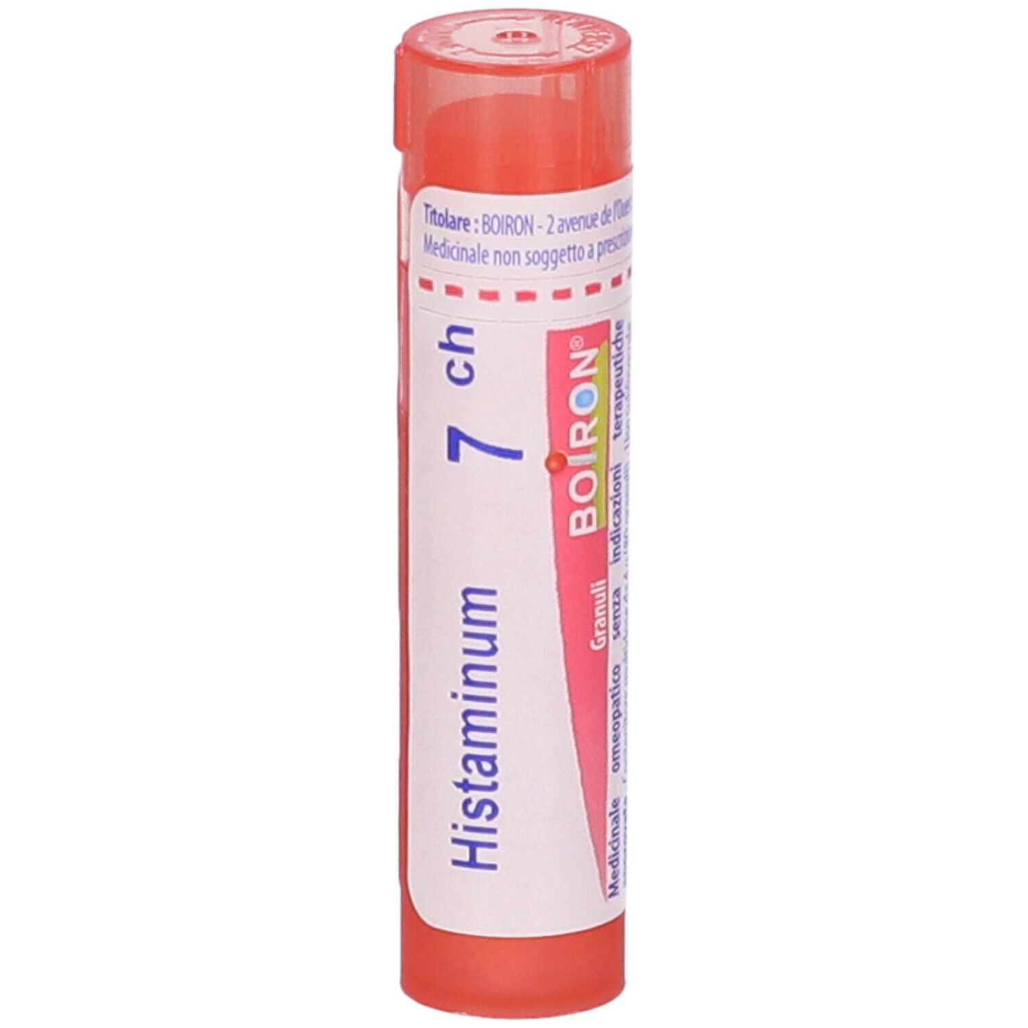 Confezione cilindrica, tappo rosa, etichetta bianca con testo. Scritta: Histaminum 7 ch, Granuli, Boiron.