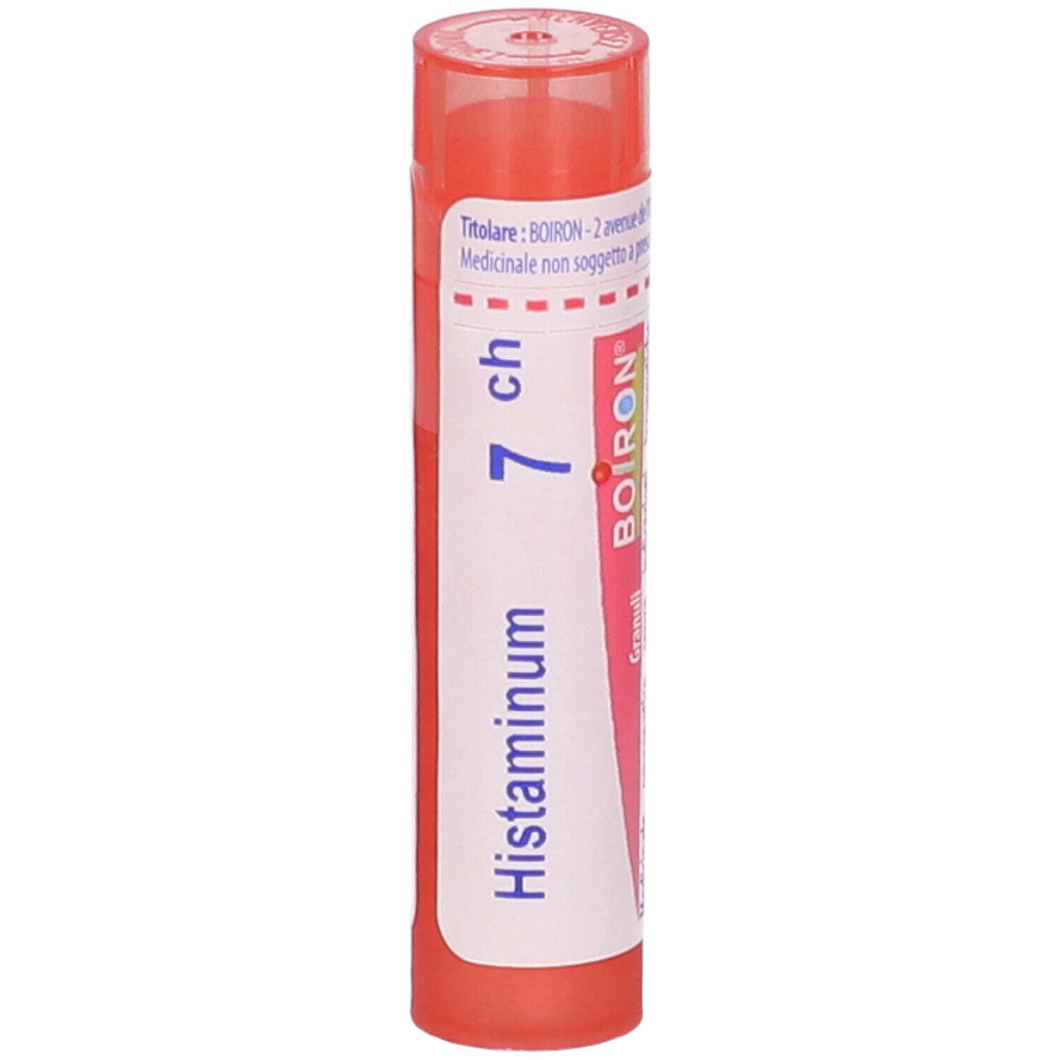 Confezione cilindrica, tappo rosa, etichetta bianca con testo. Scritta: Histaminum 7 ch, Granuli, Boiron.