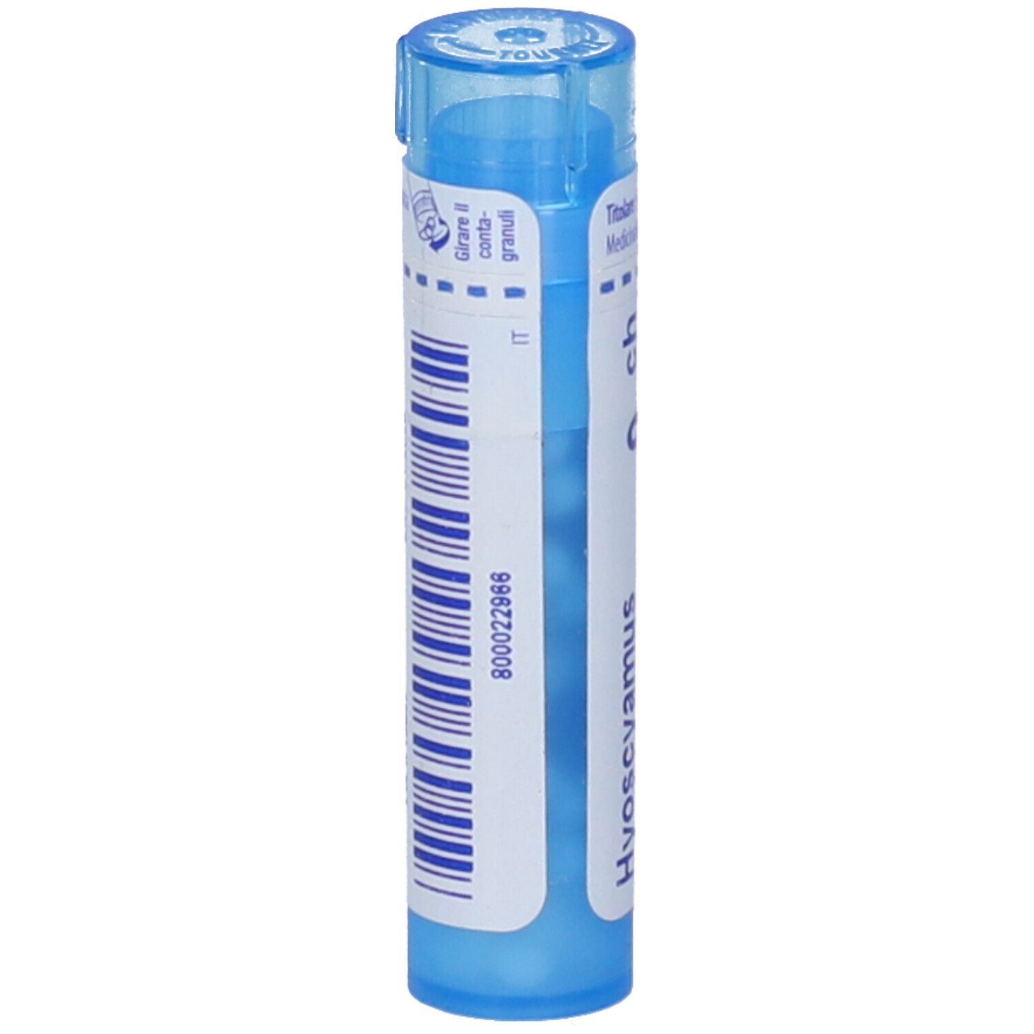 Tubo blu con scritte bianche e codice a barre. Scritta: "Hyoscyamus niger".