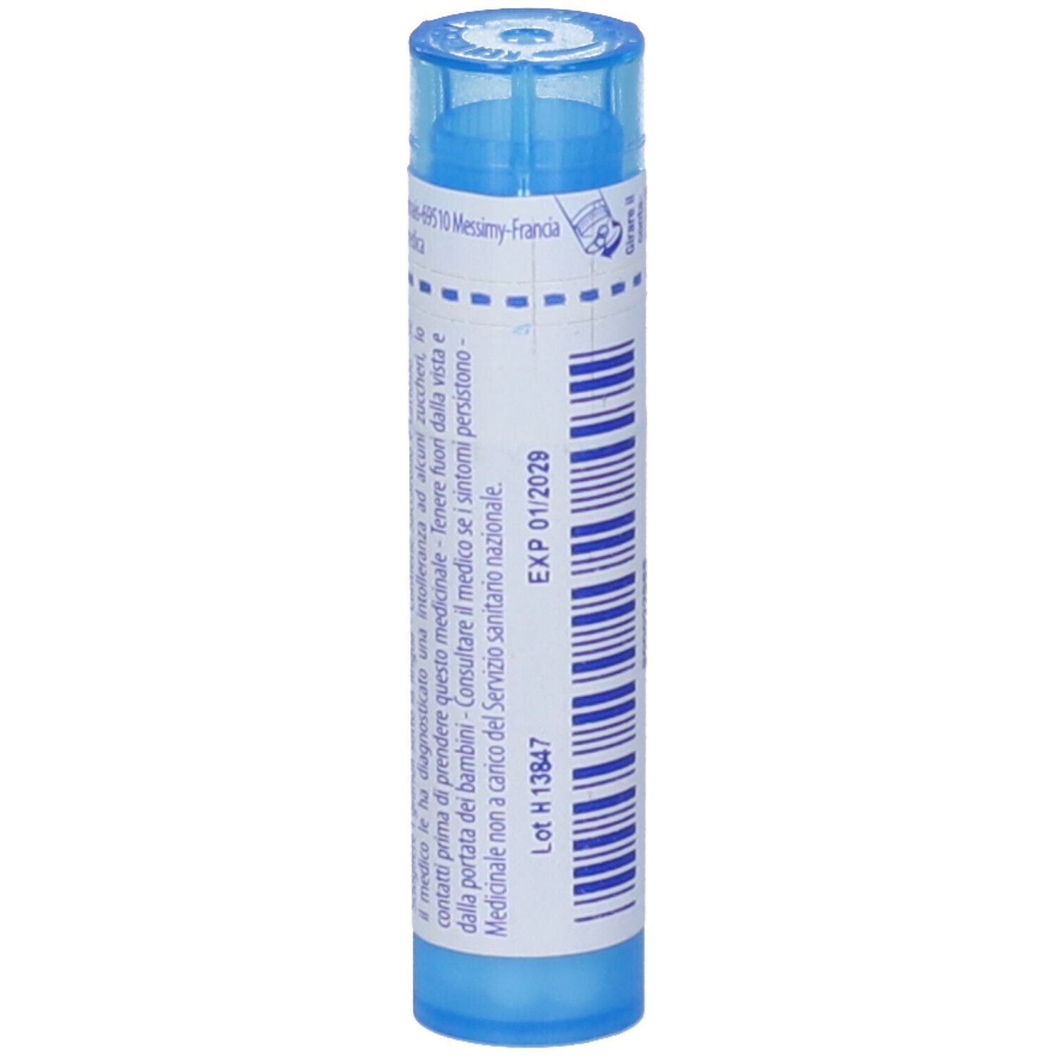 Tubo blu con scritte bianche. Scritta: "EXP 01/2029" e numero di lotto. Vista verticale.
