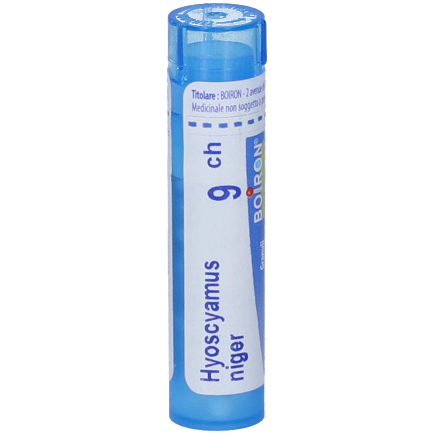 Tubo blu con scritte bianche: "Hyoscyamus niger 9 ch" e logo BOIRON. Vista verticale.