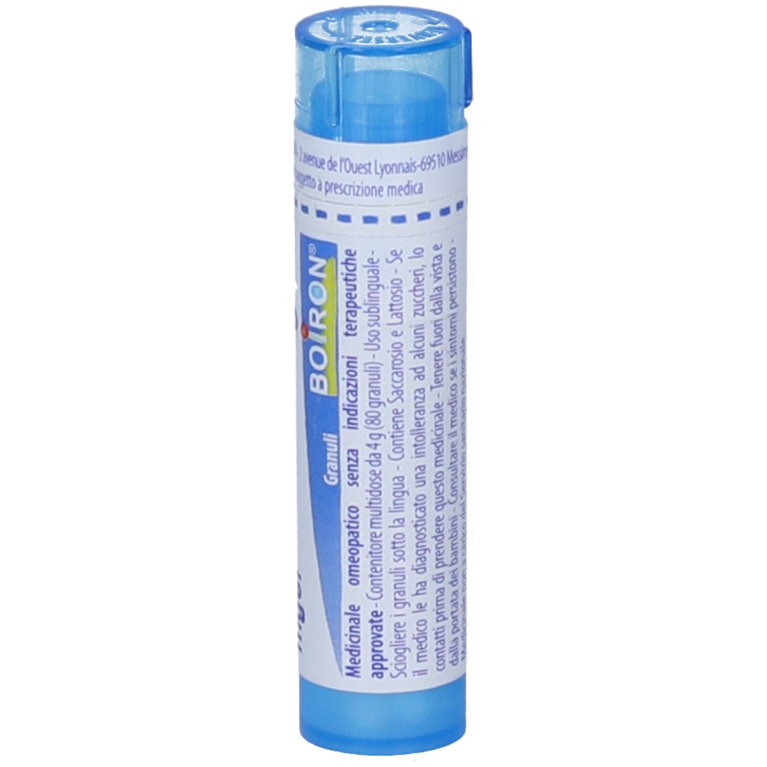 Tubo blu con scritte bianche e logo BOIRON. Contiene granuli. Testo multilingue.