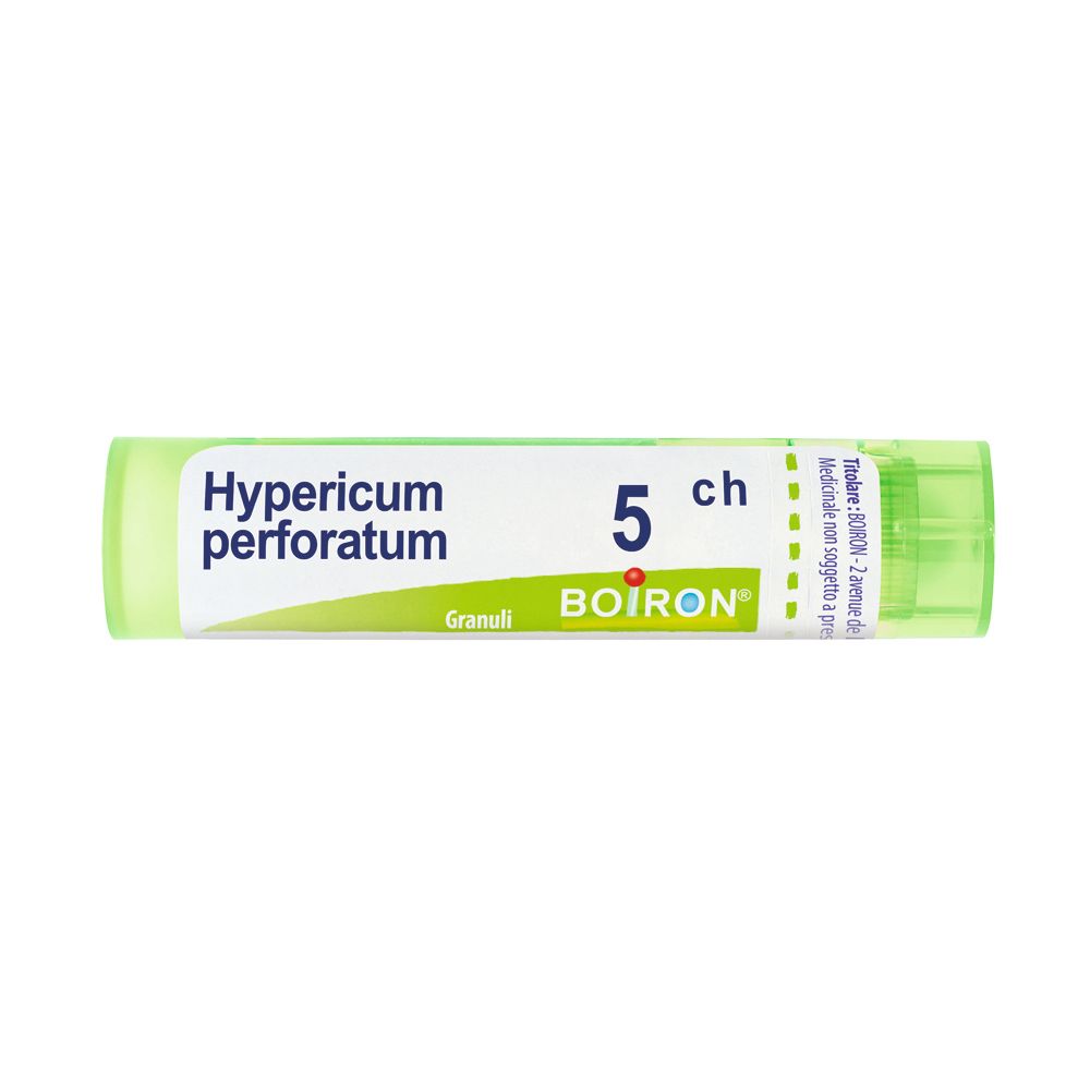 Confezione cilindrica con tappo verde. Scritta: Hypericum perforatum 5 ch, Boiron, Granuli.