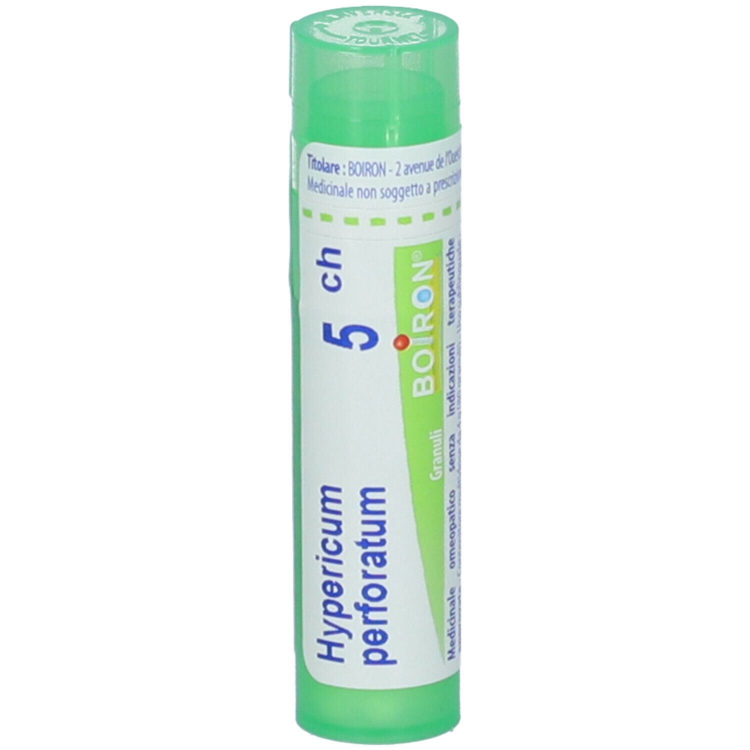 Confezione cilindrica verde. Scritta: Hypericum perforatum 5 ch, Boiron. Tappo verde.