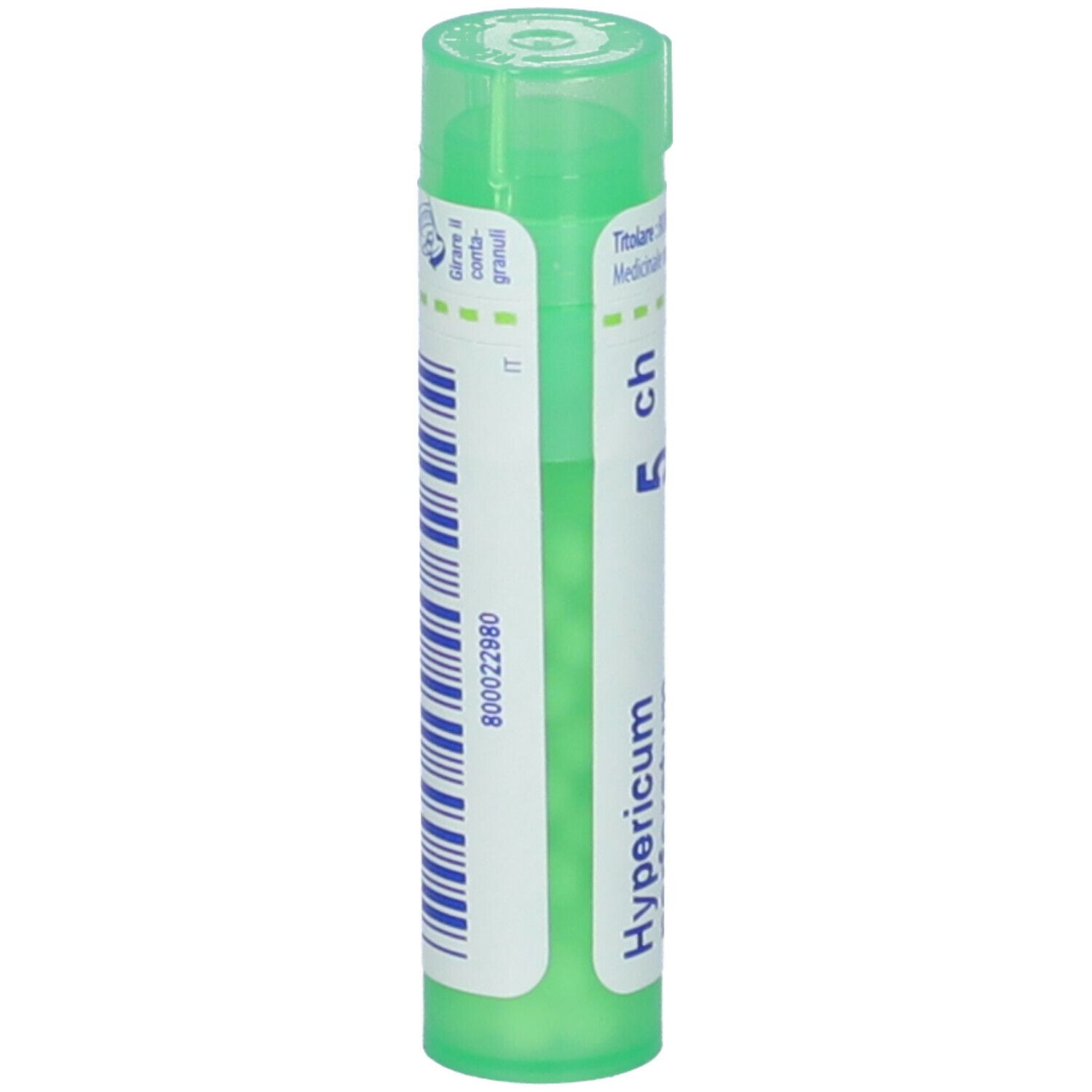 Confezione cilindrica verde con codice a barre e scritta: Hypericum perforatum 5 ch. Tappo verde.