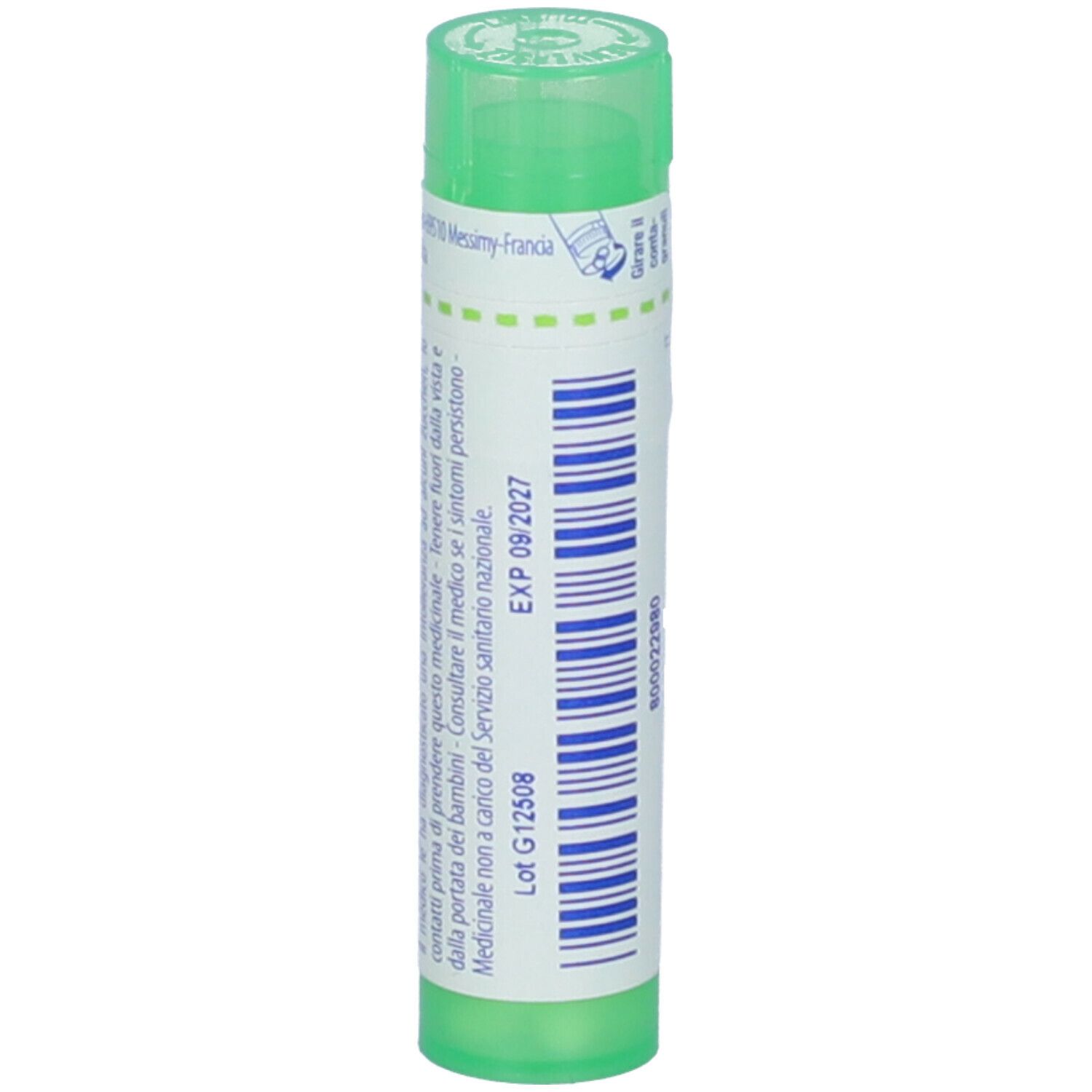 Confezione cilindrica verde. Scritta: EXP 09/2027. Tappo verde. Testo in italiano.