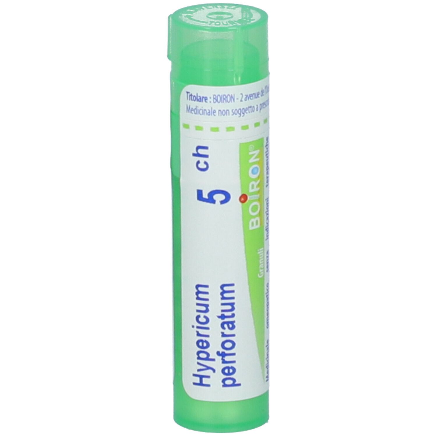 Confezione cilindrica verde. Scritta: Hypericum perforatum 5 ch, Boiron. Tappo verde.