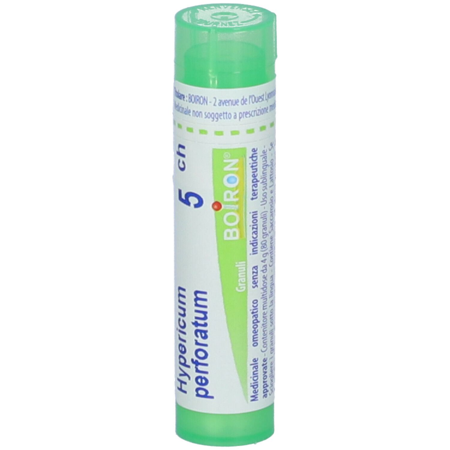 Confezione cilindrica verde. Scritta: Hypericum perforatum 5 ch, Boiron. Tappo verde.