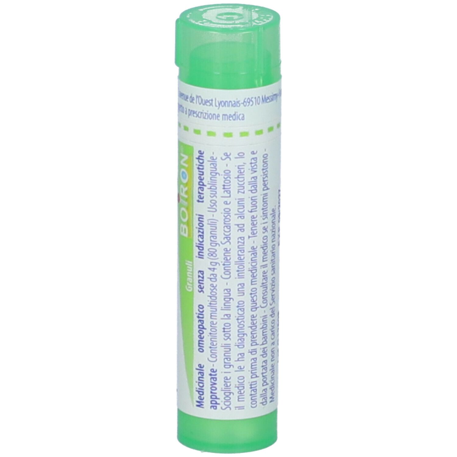 Confezione cilindrica verde. Scritta: Hypericum perforatum 5 ch, Boiron. Tappo verde. Testo in italiano.