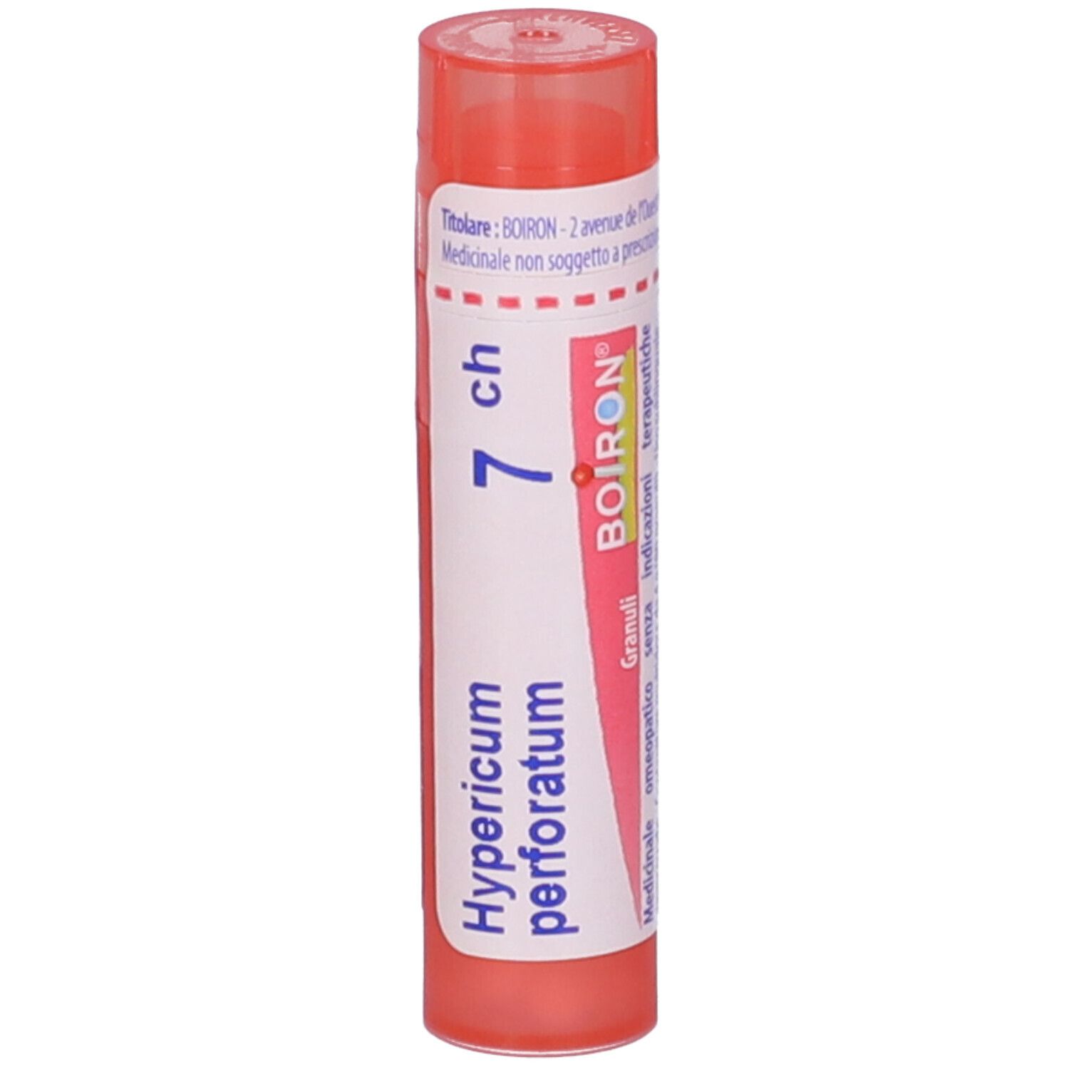 Confezione cilindrica, rossa e bianca, con 'Hypericum perforatum 7 ch' e 'BOIRON'.
