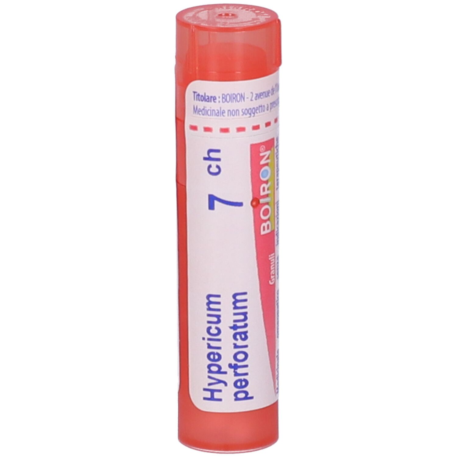 Confezione cilindrica, rossa e bianca, con 'Hypericum perforatum 7 ch' e 'BOIRON'.