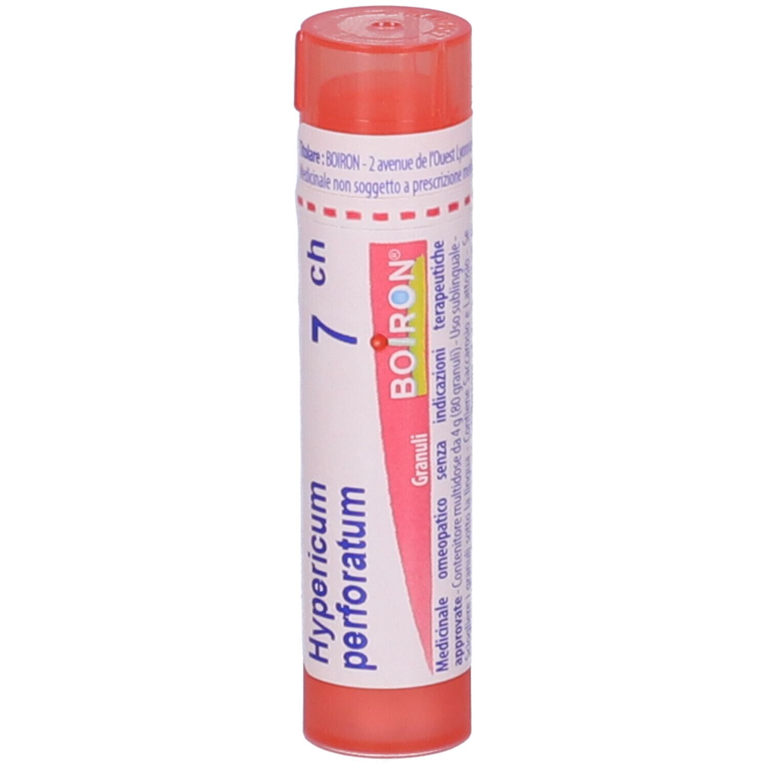 Confezione cilindrica, rossa e bianca, con 'Hypericum perforatum 7 ch' e 'BOIRON'.
