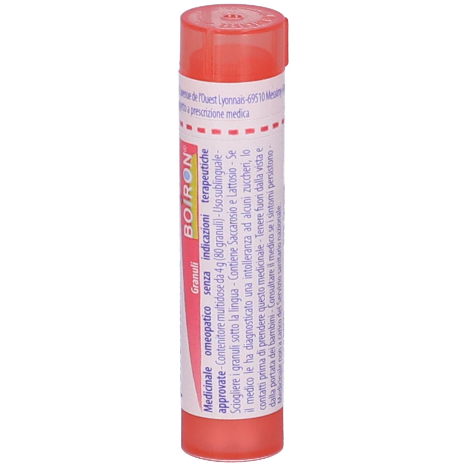 Confezione cilindrica, rossa e bianca, con 'Hypericum perforatum 7 ch' e 'BOIRON'.