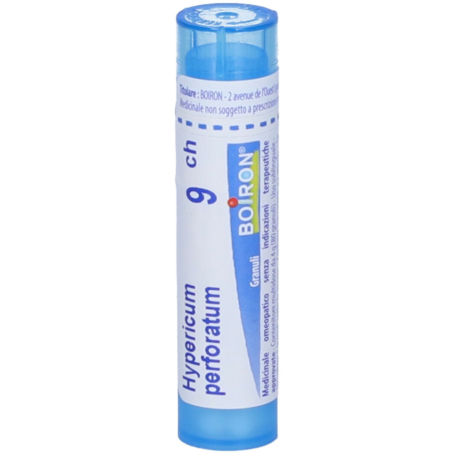 Tubo blu cilindrico. Etichetta con testo: Hypericum perforatum 9 ch, BOIRON, Granuli. Tappo blu.