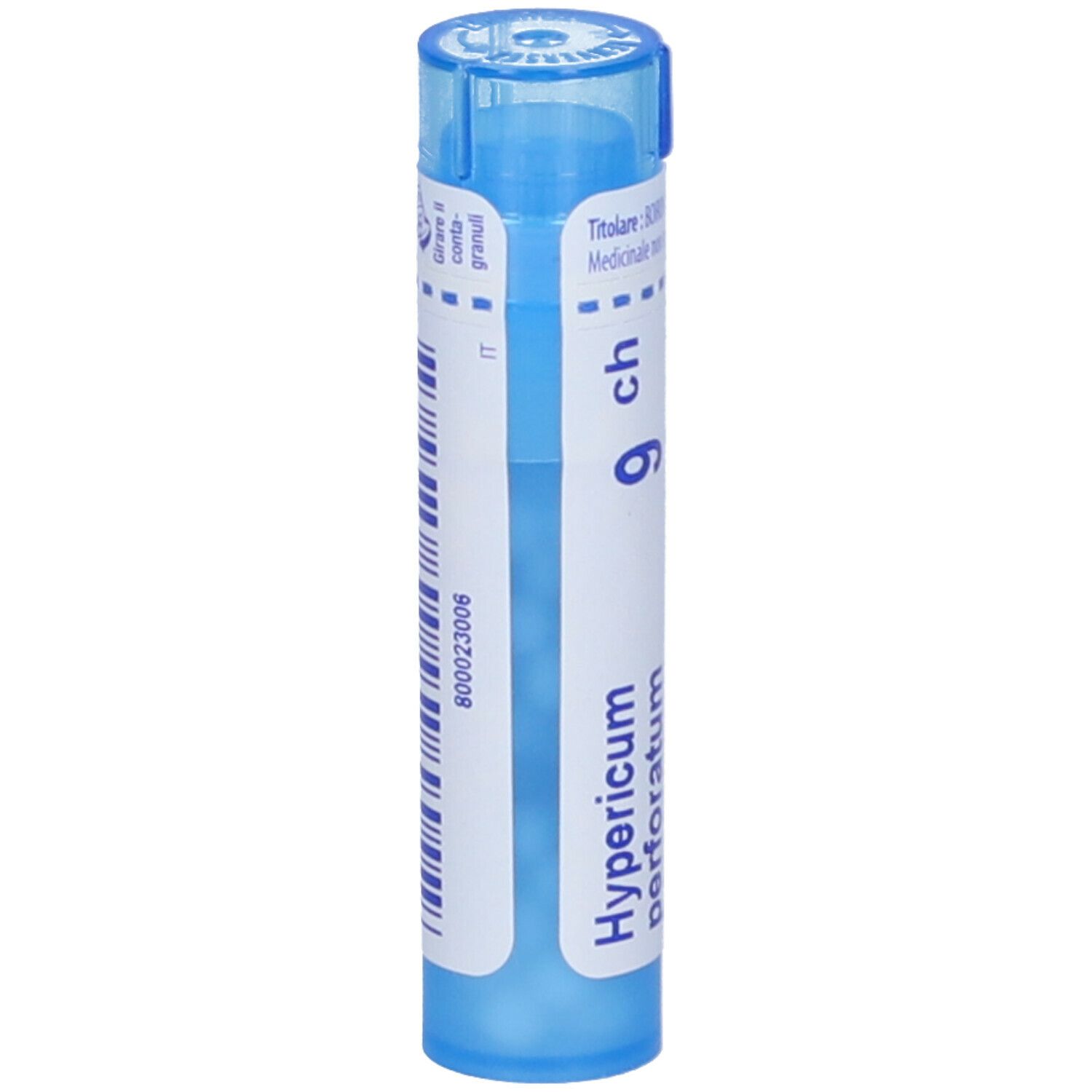Tubo blu cilindrico. Etichetta con testo: Hypericum perforatum 9 ch. Tappo blu. Codice a barre e numero di lotto.