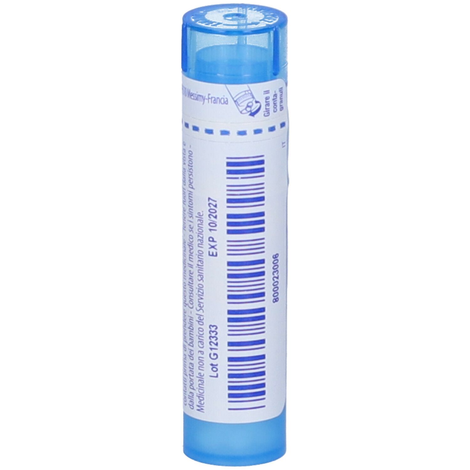 Tubo blu cilindrico. Etichetta con testo: Hypericum perforatum 9 ch. Tappo blu. Data di scadenza.