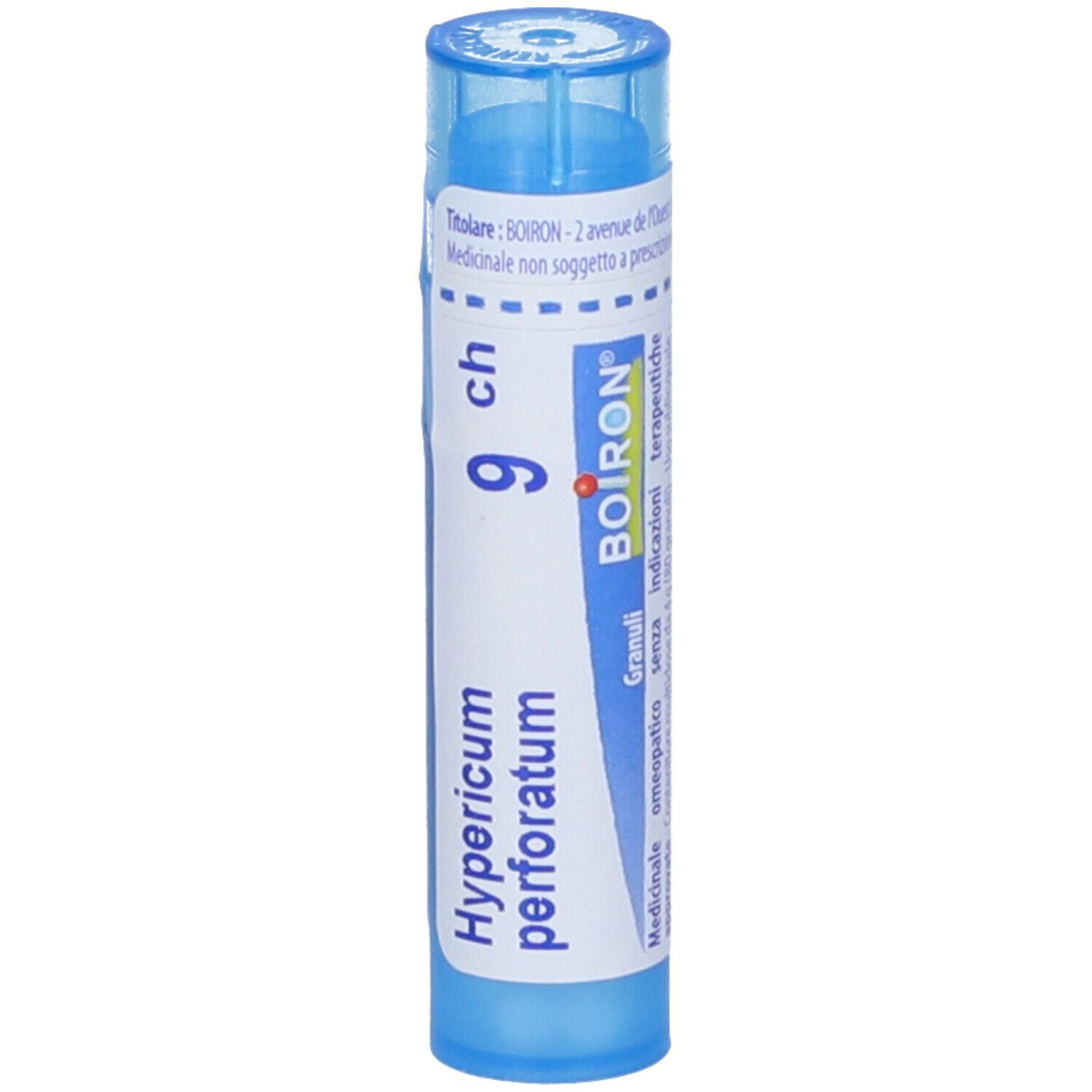 Tubo blu cilindrico. Etichetta con testo: Hypericum perforatum 9 ch, BOIRON, Granuli. Tappo blu.
