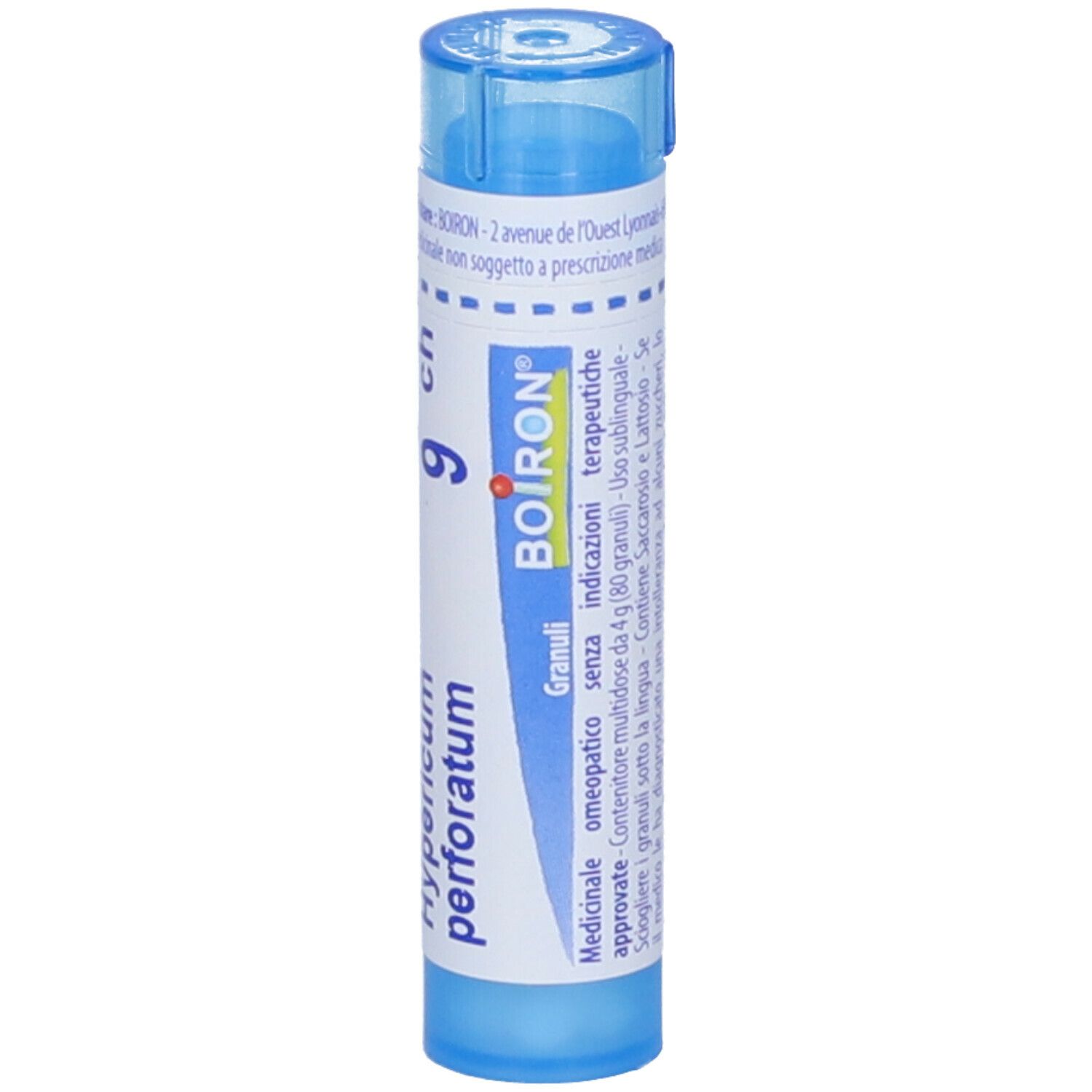 Tubo blu cilindrico. Etichetta con testo: Hypericum perforatum 9 ch, BOIRON, Granuli. Tappo blu.