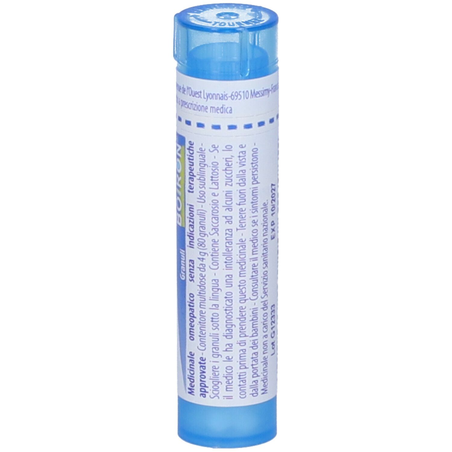 Tubo blu cilindrico. Etichetta con testo: Hypericum perforatum 9 ch, BOIRON, Granuli. Tappo blu.