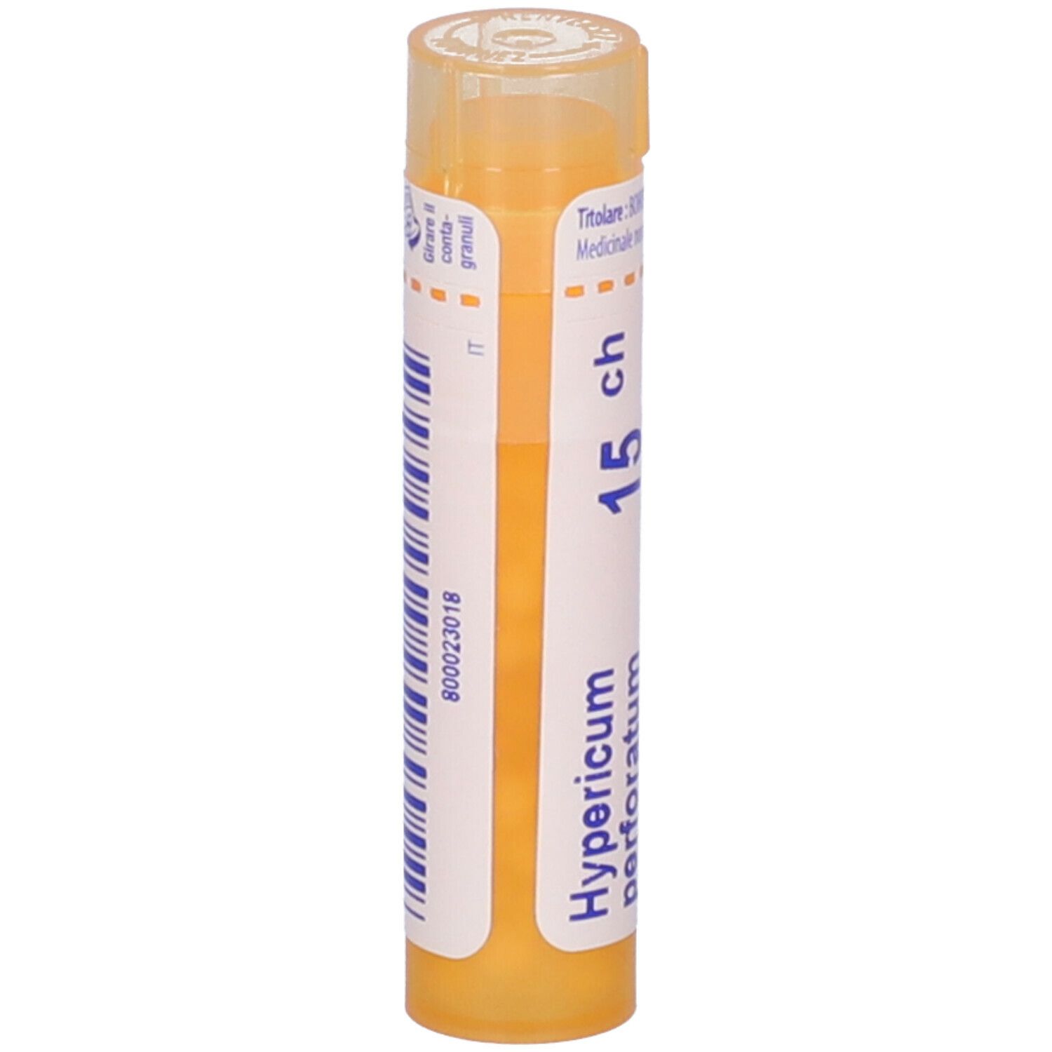 Tubo giallo con etichetta bianca e codice a barre. Scritta: Hypericum perforatum 15 ch. Marchio BOIRON®.