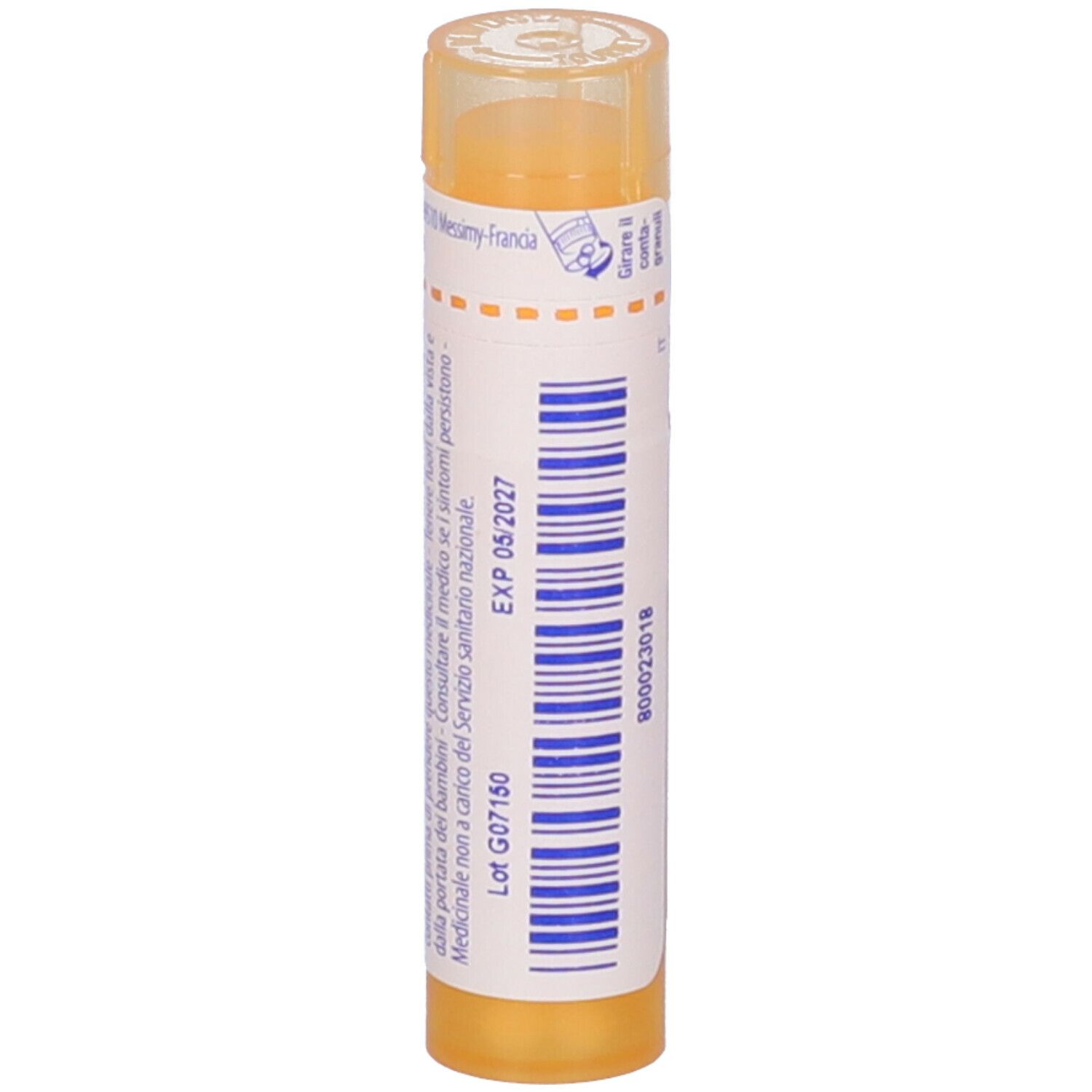 Tubo giallo con etichetta bianca. Scritta: Hypericum perforatum 15 ch. Scadenza: 05/2027.