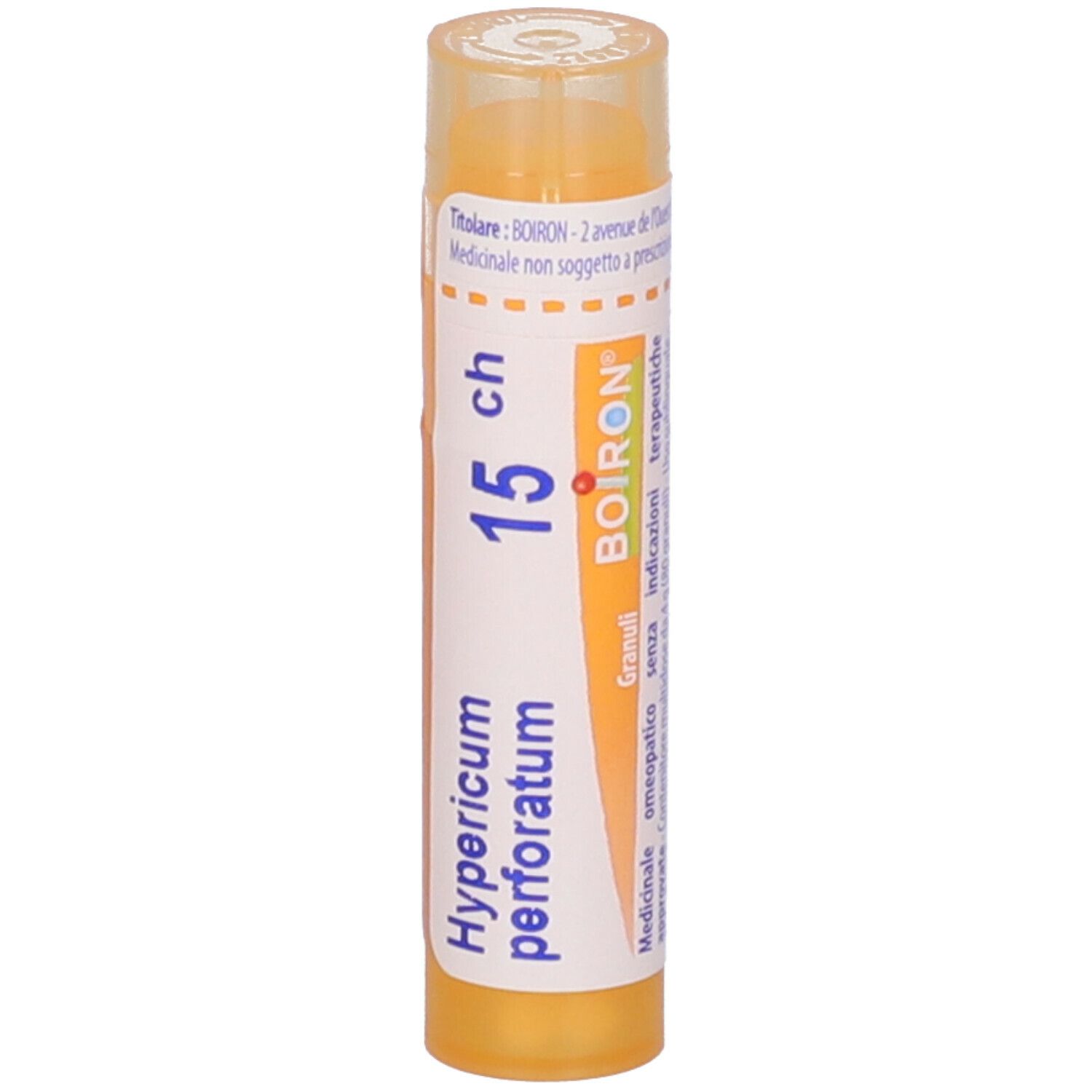 Tubo cilindrico giallo con etichetta bianca. Scritta: Hypericum perforatum 15 ch. Marchio BOIRON®.