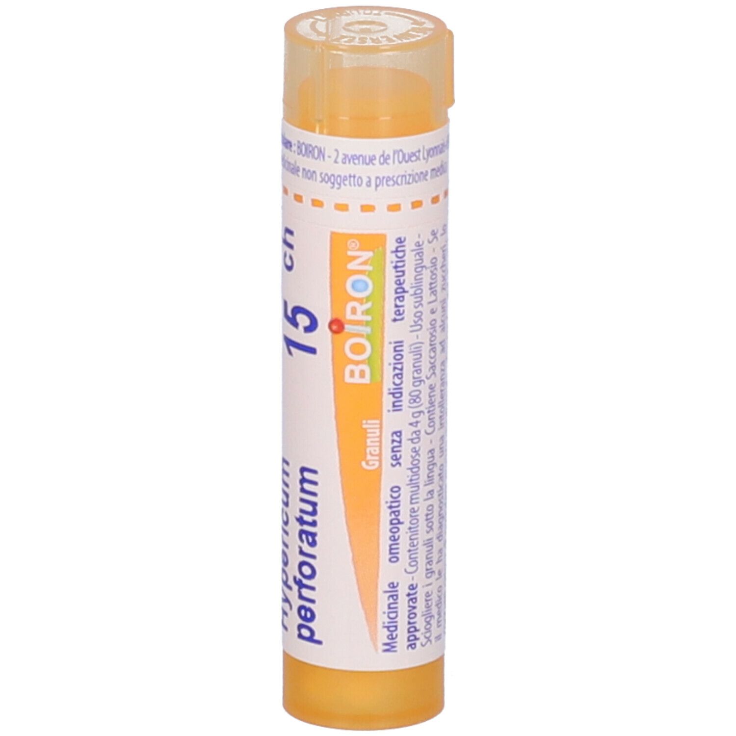 Tubo giallo con etichetta bianca. Scritta: Hypericum perforatum 15 ch. Marchio BOIRON®.