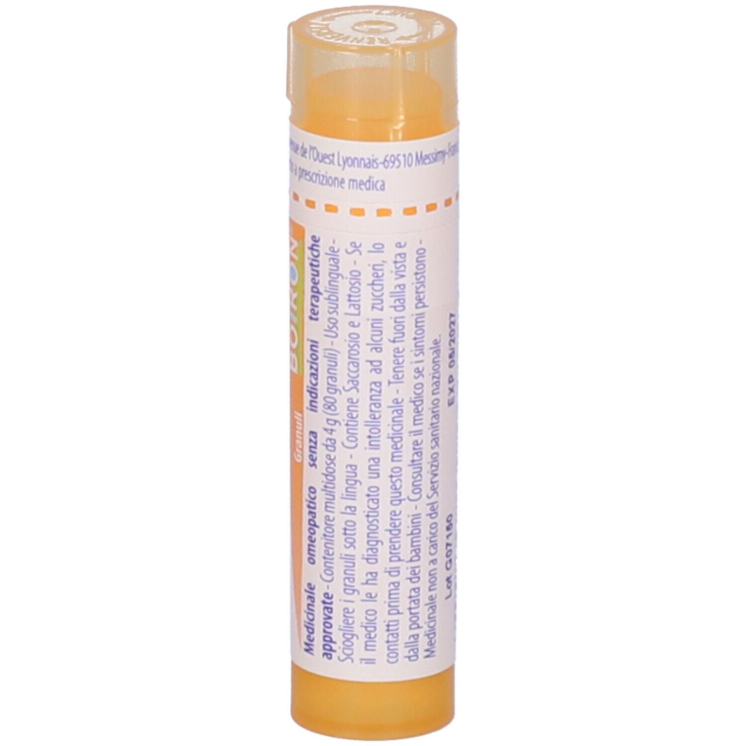 Tubo giallo con etichetta bianca. Scritta: Hypericum perforatum 15 ch. Marchio BOIRON®. Contiene saccarosio e lattosio.