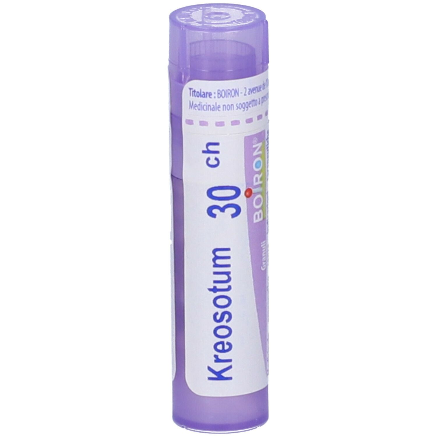Confezione cilindrica viola. Scritta: Kreosotum 30 ch, Boiron. Etichetta bianca.