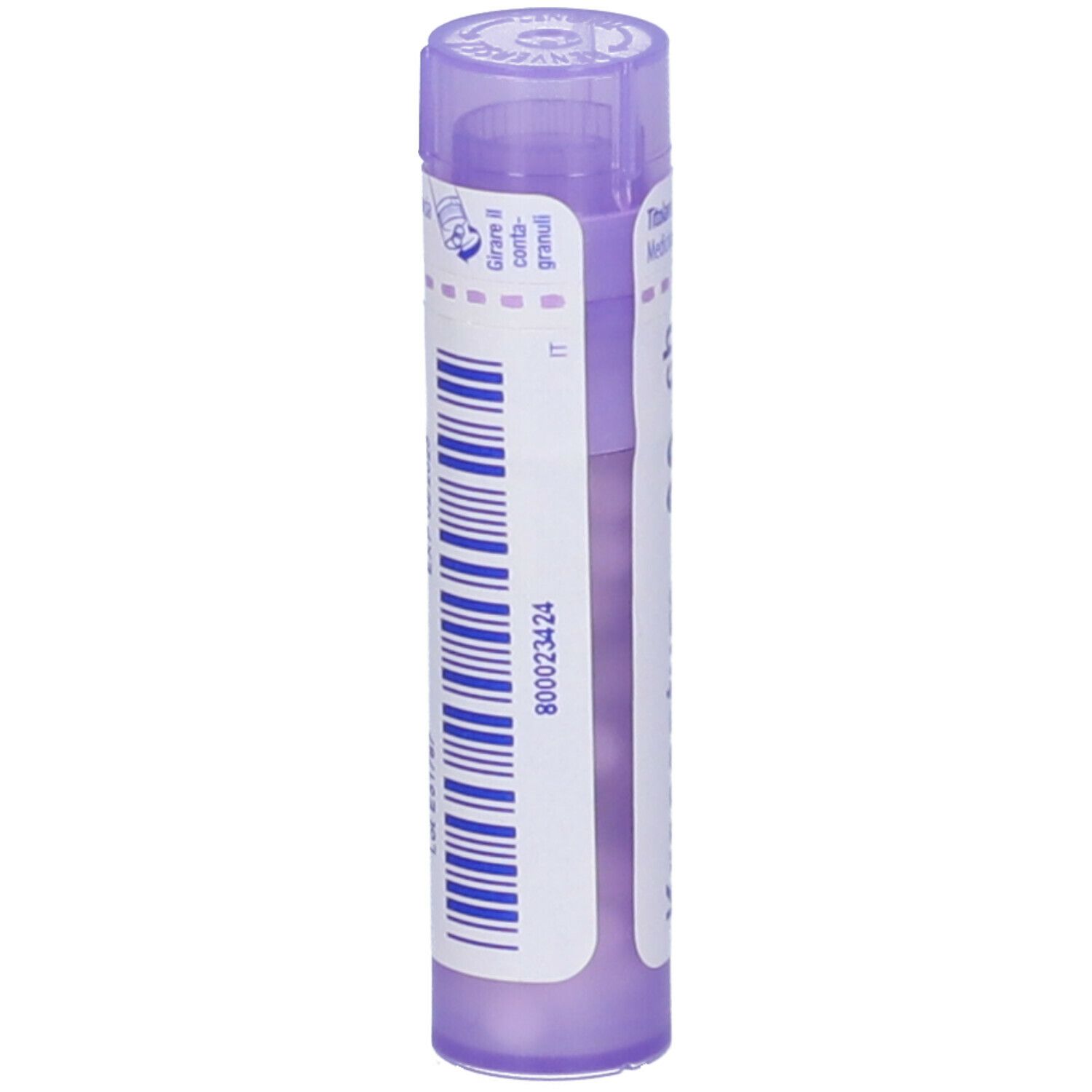 Confezione cilindrica viola. Codice a barre e testo su etichetta bianca. Scritta: 800023424.